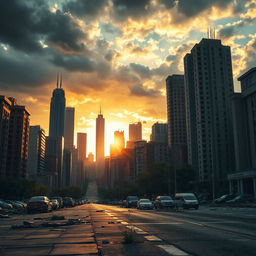 A cinematic movie poster background depicting an urban cityscape that showcases the aftermath of an earthquake