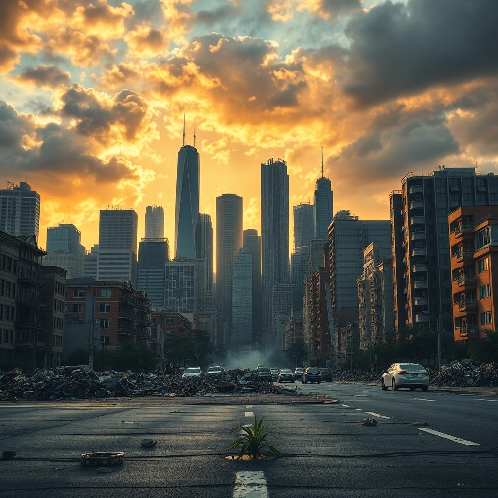 A cinematic movie poster background depicting an urban cityscape that showcases the aftermath of an earthquake