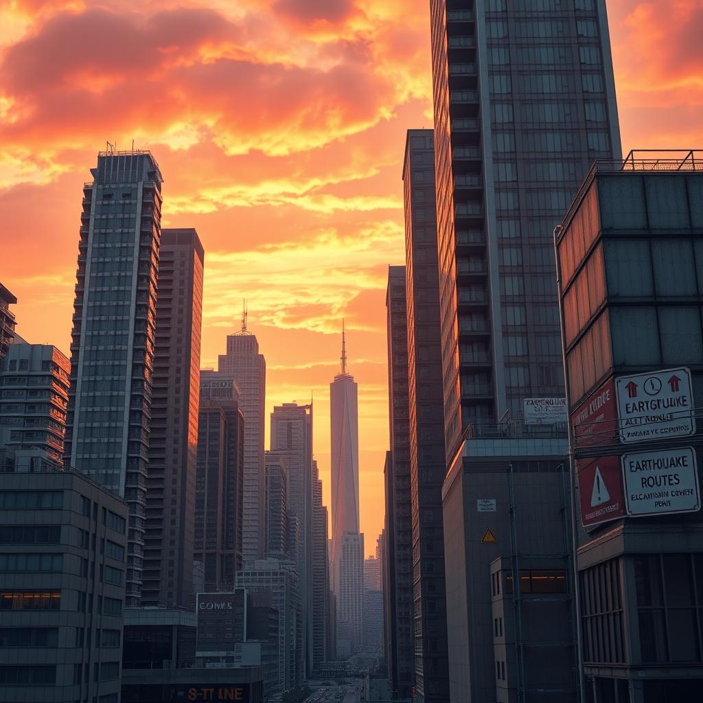 A dramatic movie poster background featuring a cityscape prepared for an earthquake