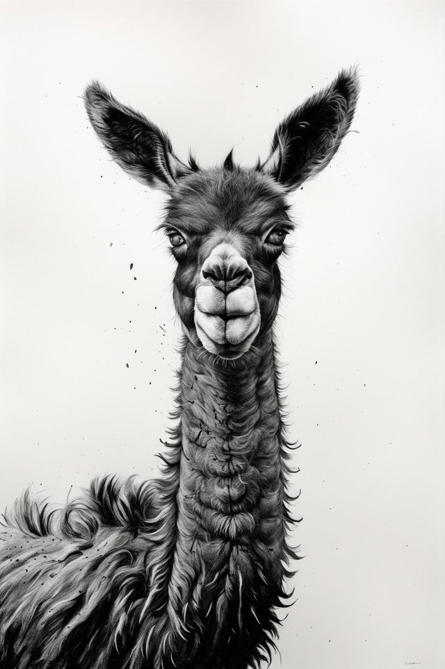 A striking charcoal drawing of a llama, with various shades of black, gray, and white used to create depth and texture