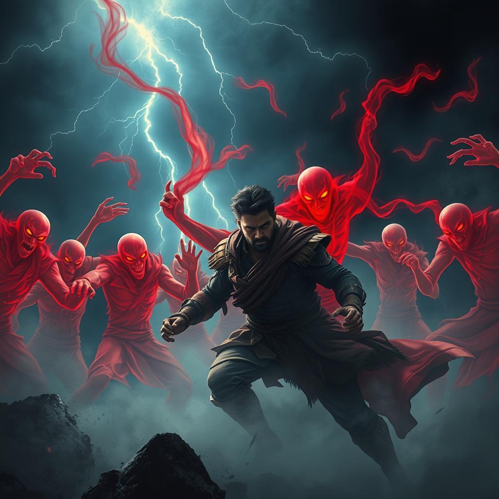 A dramatic scene depicting a battle between a group of fierce, red spectral ghosts and a brave warrior named Veer