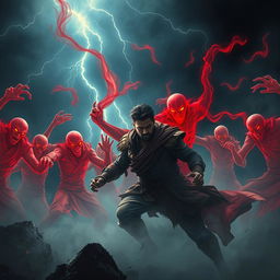 A dramatic scene depicting a battle between a group of fierce, red spectral ghosts and a brave warrior named Veer