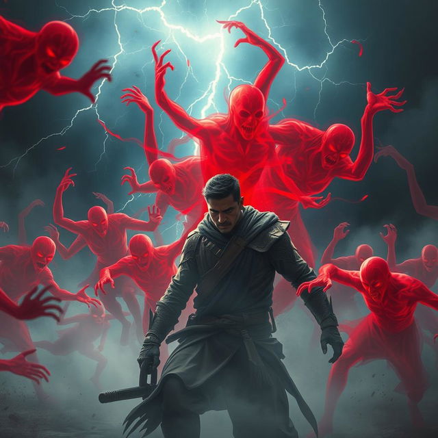 A dramatic scene depicting a battle between a group of fierce, red spectral ghosts and a brave warrior named Veer