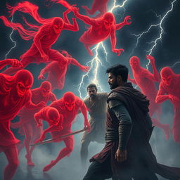 A dramatic scene depicting a battle between a group of fierce, red spectral ghosts and a brave warrior named Veer