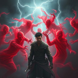 A dramatic scene depicting a battle between a group of fierce, red spectral ghosts and a brave warrior named Veer
