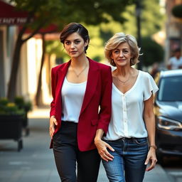 A tall pretty woman with dark brown hair styled in a half up half down fashion, wearing a deep red blazer over a white tank top, complemented by black dress pants