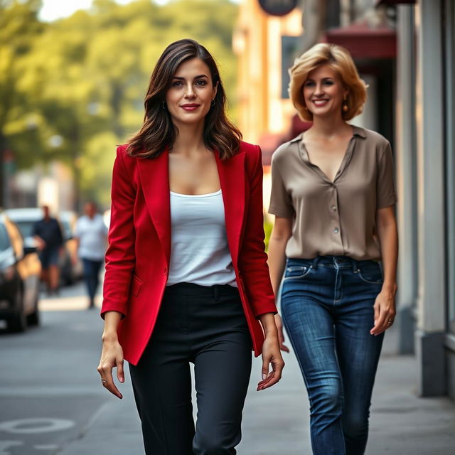 A tall pretty woman with dark brown hair styled in a half up half down fashion, wearing a deep red blazer over a white tank top, complemented by black dress pants