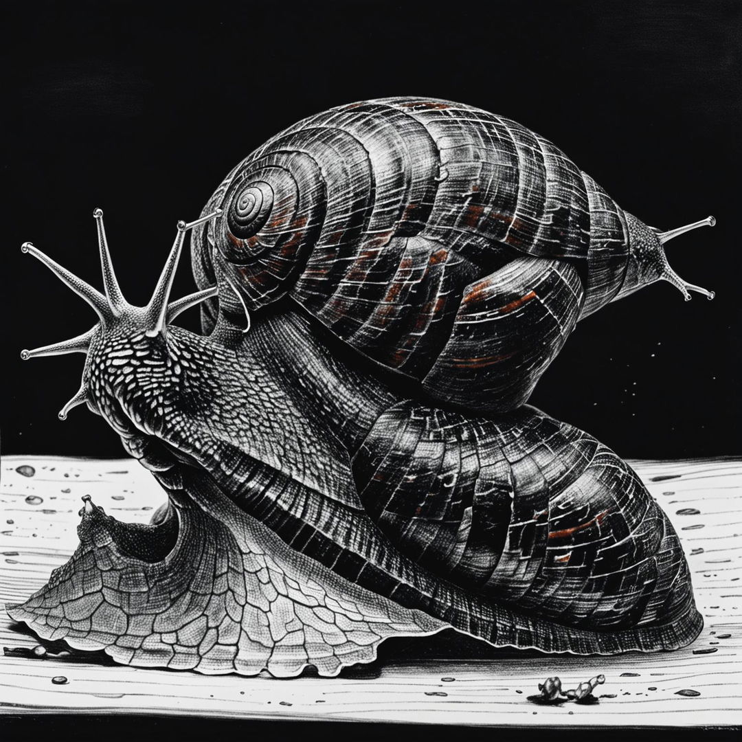 This is a black and white pencil drawing of a different snail