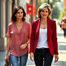 A tall pretty woman with dark brown hair styled in a half up half down fashion, wearing a deep red blazer over a white tank top, complemented by black dress pants