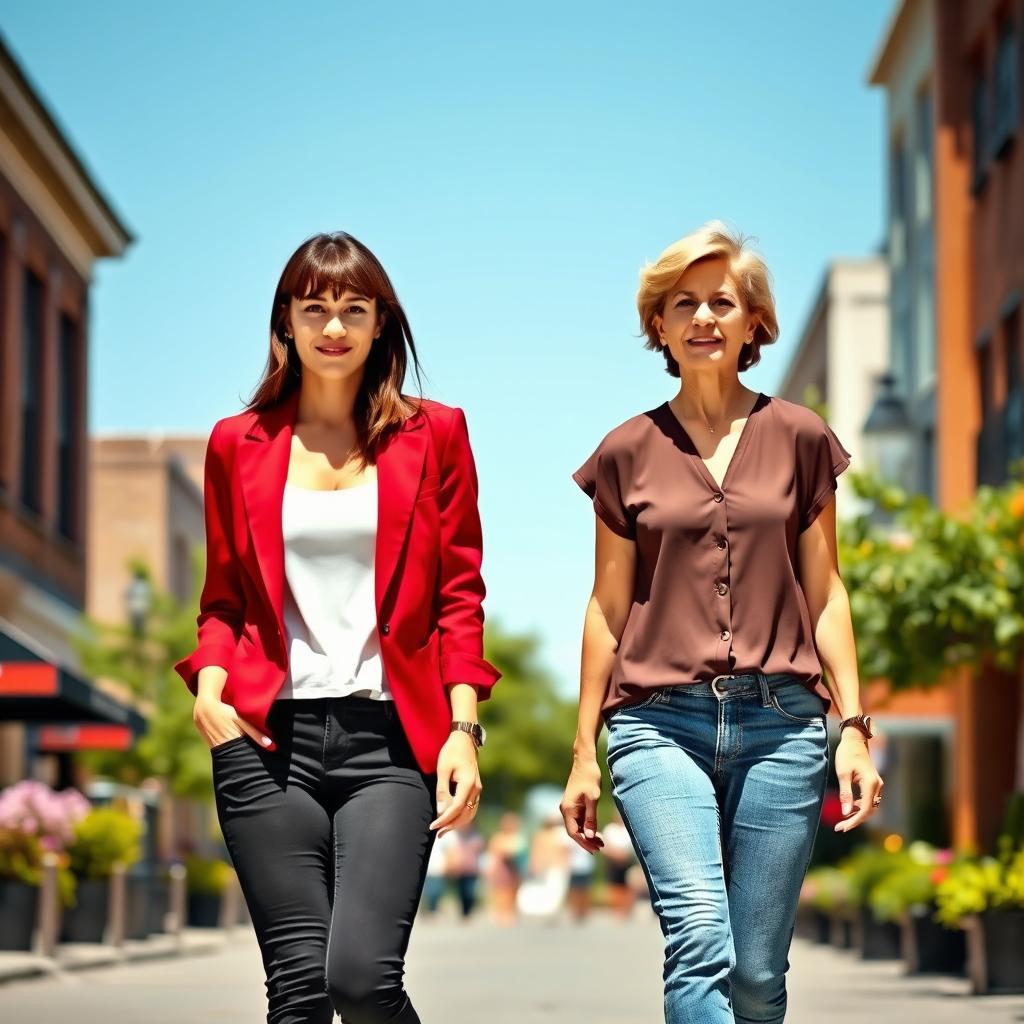 A tall, pretty woman with dark brown hair and bangs styled in a half up half down look, wearing a deep red blazer over a white tank top and black dress pants