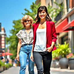 A tall, pretty woman with dark brown hair and bangs styled in a half up half down look, wearing a deep red blazer over a white tank top and black dress pants