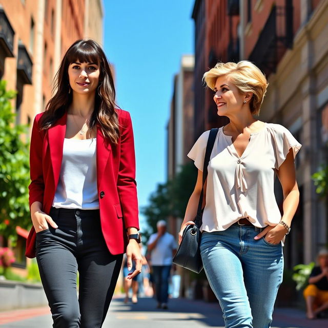 A tall, pretty woman with dark brown hair and bangs styled in a half up half down look, wearing a deep red blazer over a white tank top and black dress pants