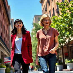 A tall, pretty woman with dark brown hair and bangs styled in a half up half down look, wearing a deep red blazer over a white tank top and black dress pants