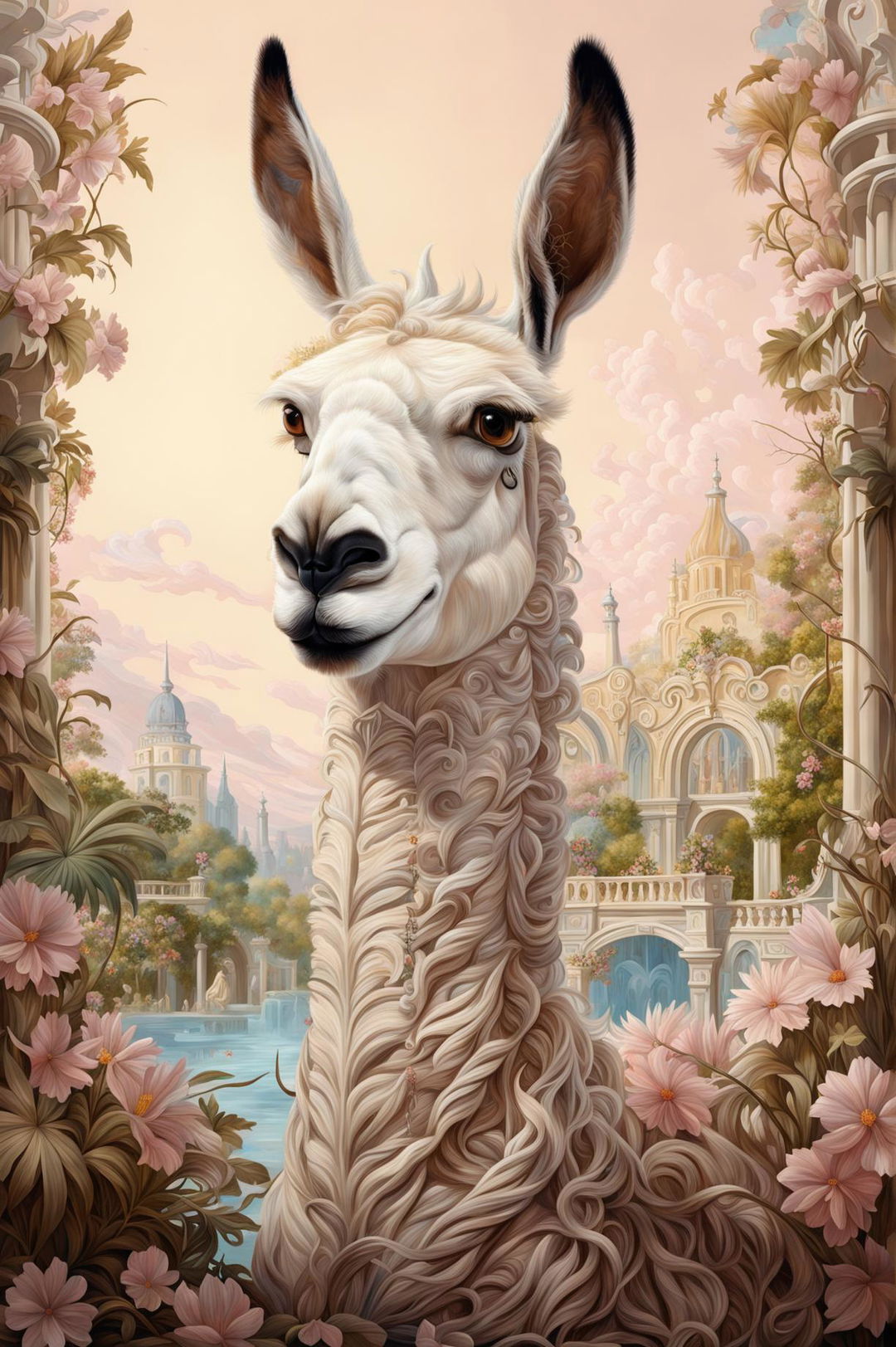 A 32k HD digital rendering of a Rococo-styled painting featuring a llama