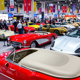 A vibrant car exhibition showcasing a variety of vehicles, including vintage cars with shiny chrome and classic designs, modern sports cars with sleek lines and bold colors, electric vehicles highlighted with futuristic technology, and luxury cars with elegant exteriors