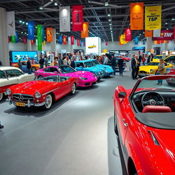 A vibrant car exhibition showcasing a variety of vehicles, including vintage cars with shiny chrome and classic designs, modern sports cars with sleek lines and bold colors, electric vehicles highlighted with futuristic technology, and luxury cars with elegant exteriors