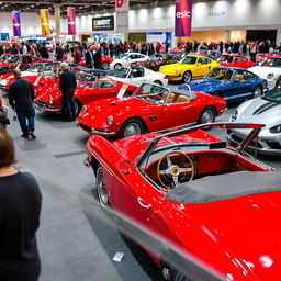 A vibrant car exhibition showcasing a variety of vehicles, including vintage cars with shiny chrome and classic designs, modern sports cars with sleek lines and bold colors, electric vehicles highlighted with futuristic technology, and luxury cars with elegant exteriors