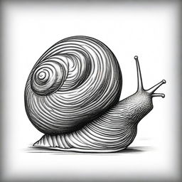 A meticulously detailed black and white pencil sketch depicts a snail