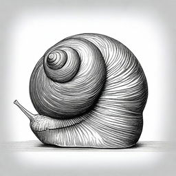 A meticulously detailed black and white pencil sketch depicts a snail