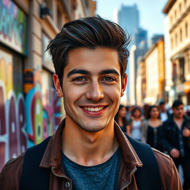 A charismatic portrait of a young man resembling a popular actor, with dark hair, bright eyes and a charming smile