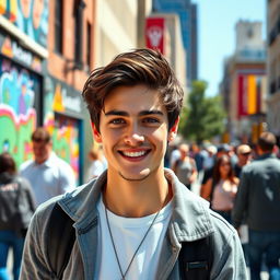 A charismatic portrait of a young man resembling a popular actor, with dark hair, bright eyes and a charming smile