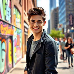 A charismatic portrait of a young man resembling a popular actor, with dark hair, bright eyes and a charming smile