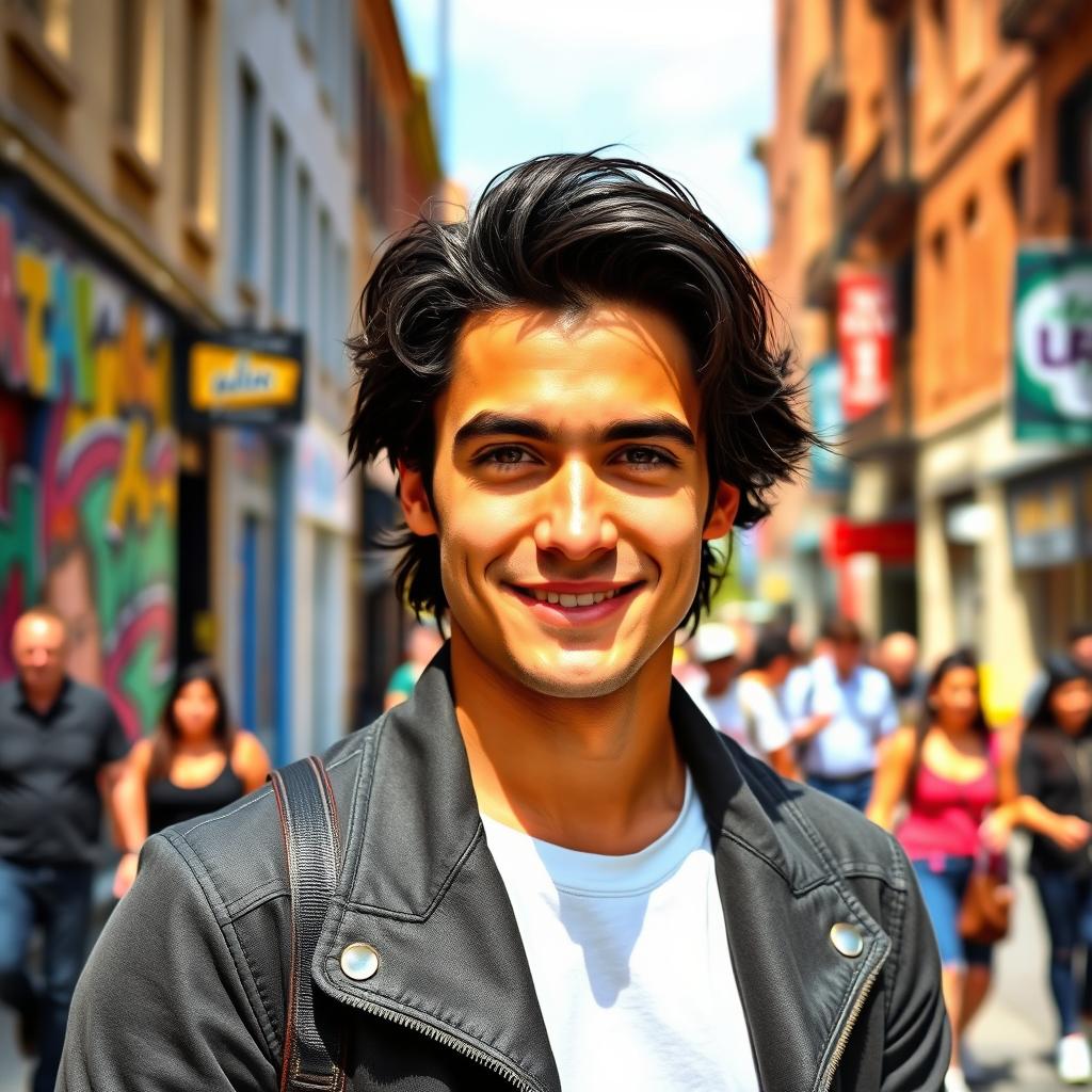 A charismatic portrait of a young man resembling a popular actor, with dark hair, bright eyes and a charming smile