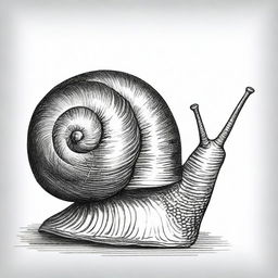 A meticulously detailed black and white pencil sketch depicts a snail