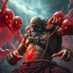 An intense battle scene depicting red ghosts, ethereal and ominous, attacking a formidable ancient warrior named Veer's father