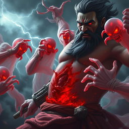 An intense battle scene depicting red ghosts, ethereal and ominous, attacking a formidable ancient warrior named Veer's father