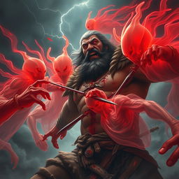 An intense battle scene depicting red ghosts, ethereal and ominous, attacking a formidable ancient warrior named Veer's father