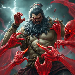 An intense battle scene depicting red ghosts, ethereal and ominous, attacking a formidable ancient warrior named Veer's father