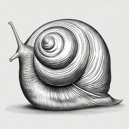 A meticulously detailed black and white pencil sketch depicts a snail