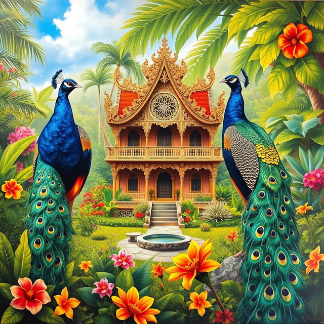 A vibrant painting featuring two colorful peacocks displaying their magnificent plumage in a lush garden