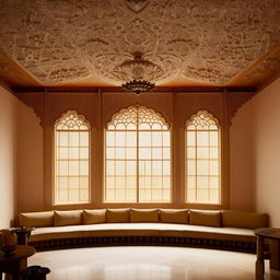 A traditionally designed art museum lounge, featuring a large bay window providing tranquil natural light and an intricate wooden khatamband ceiling.