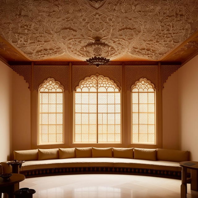 A traditionally designed art museum lounge, featuring a large bay window providing tranquil natural light and an intricate wooden khatamband ceiling.