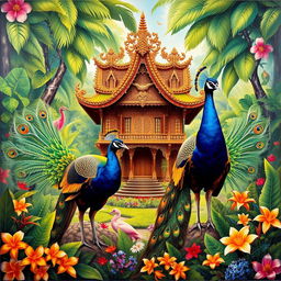 A vibrant painting featuring two colorful peacocks displaying their magnificent plumage in a lush garden