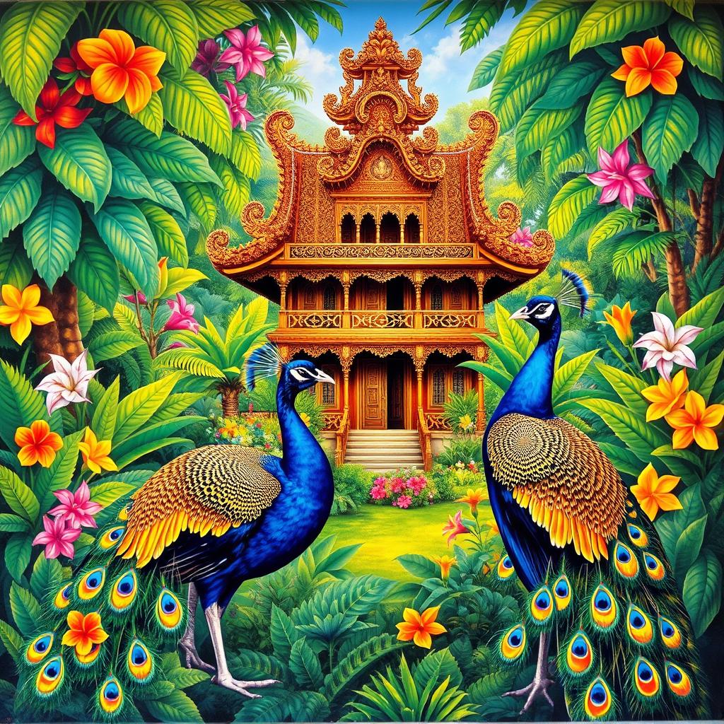 A vibrant painting featuring two colorful peacocks displaying their magnificent plumage in a lush garden