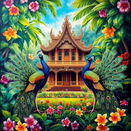 A vibrant painting featuring two colorful peacocks displaying their magnificent plumage in a lush garden