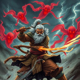 A dramatic scene showcasing Veer's father, an ancient, battle-hardened warrior, fighting bravely against intimidating red ghosts