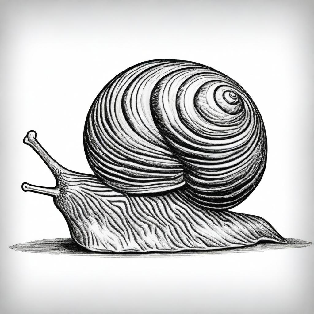 This is a distinct black and white pencil drawing of a snail