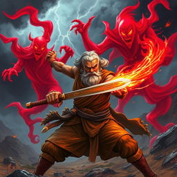 A dramatic scene showcasing Veer's father, an ancient, battle-hardened warrior, fighting bravely against intimidating red ghosts