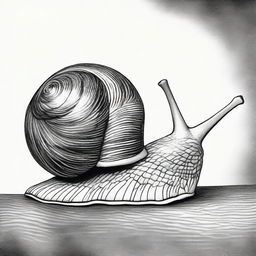 This is a distinct black and white pencil drawing of a snail