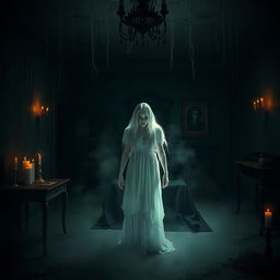A chilling and eerie scene set in a dark, abandoned mansion