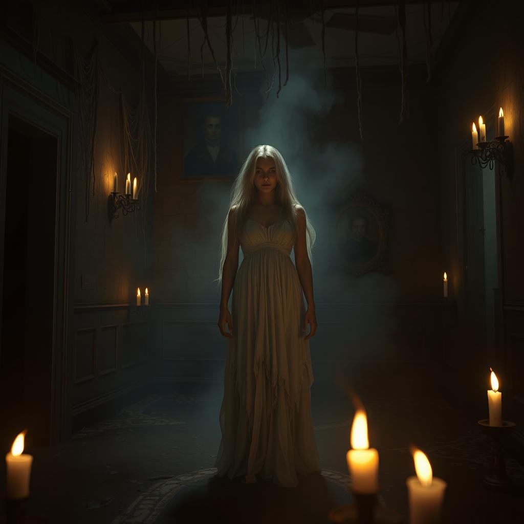 A chilling and eerie scene set in a dark, abandoned mansion