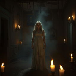 A chilling and eerie scene set in a dark, abandoned mansion