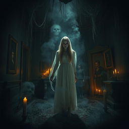 A chilling and eerie scene set in a dark, abandoned mansion