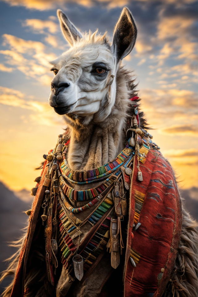 A beautifully rendered portrait of a llama depicted as a warrior