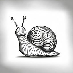 This is a charming black and white pencil drawing of a cute snail