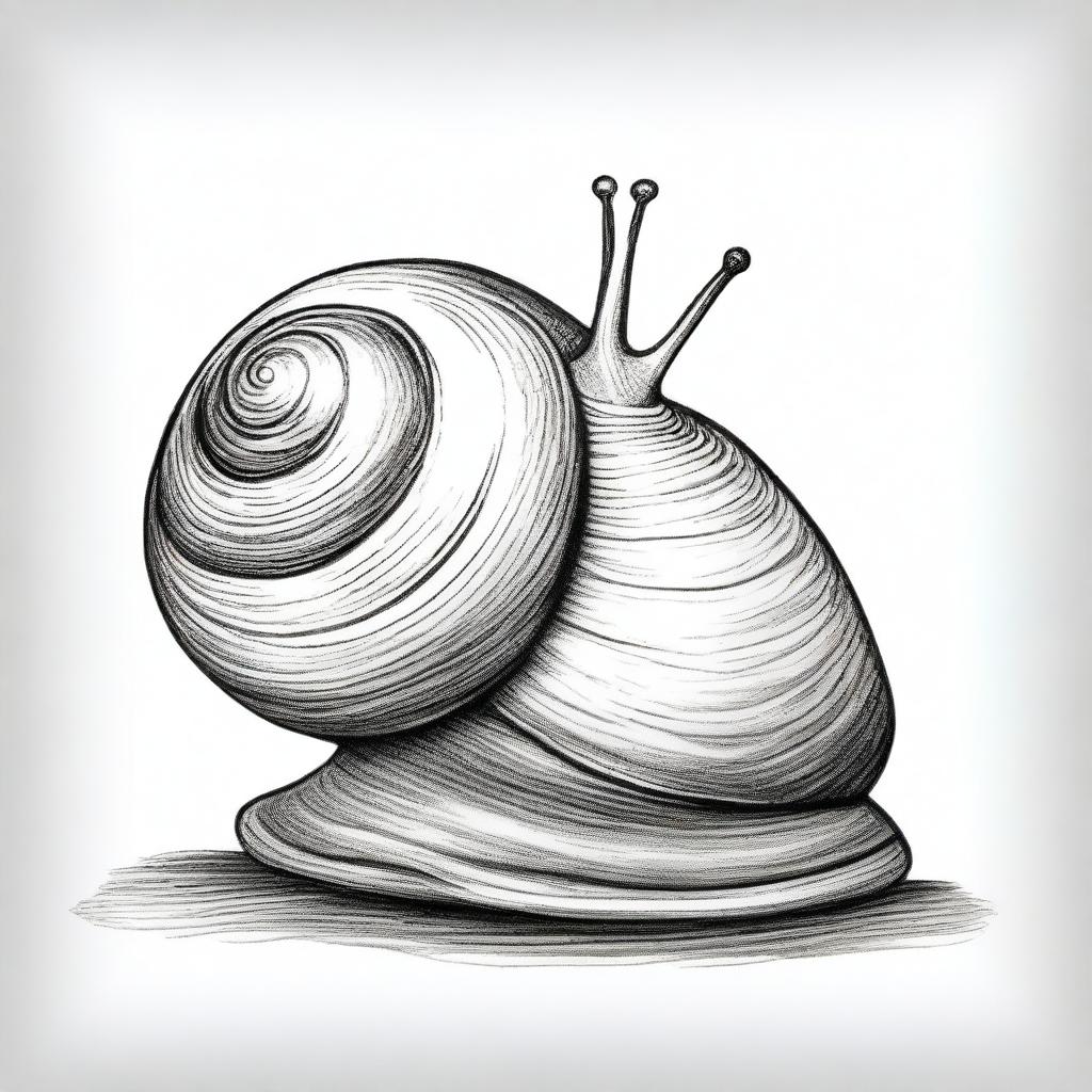 This is a charming black and white pencil drawing of a cute snail